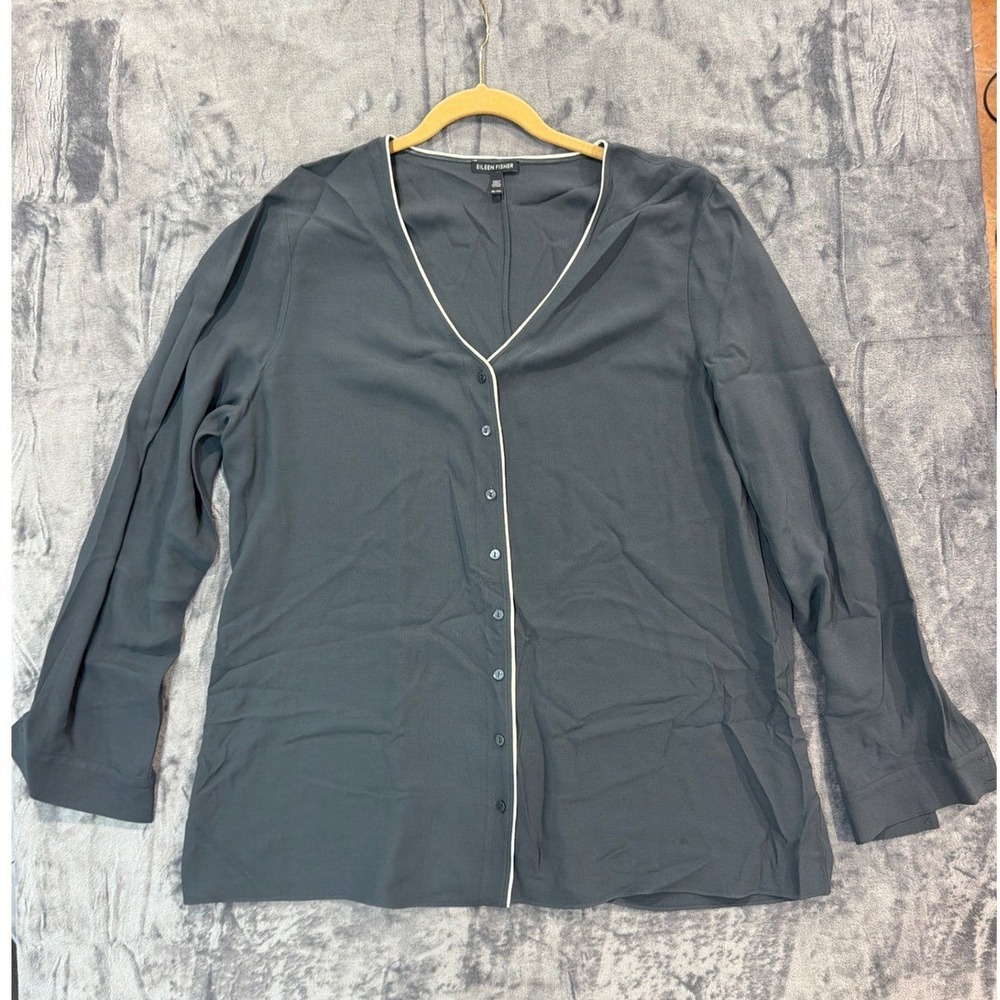 Eileen Fisher Silk Blouse Womens Gray V-Neck Button Down Piping XL